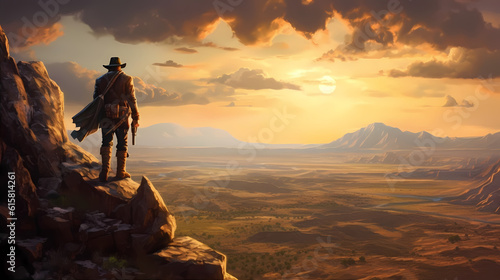 Lone cowboy, standing atop a rocky cliff overlooking a vast, arid desert, the setting sun casting. Wild west. Generative ai. © ckybe
