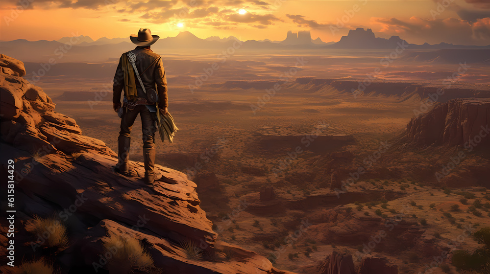 Lone cowboy, standing atop a rocky cliff overlooking a vast, arid desert, the setting sun casting. Wild west. Generative ai.