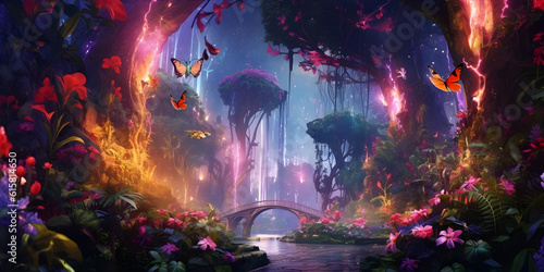 A lush botanical garden with vibrant exotic plants and blooming flowers, where colorful butterflies flutter around in the sunlight. Generative ai.