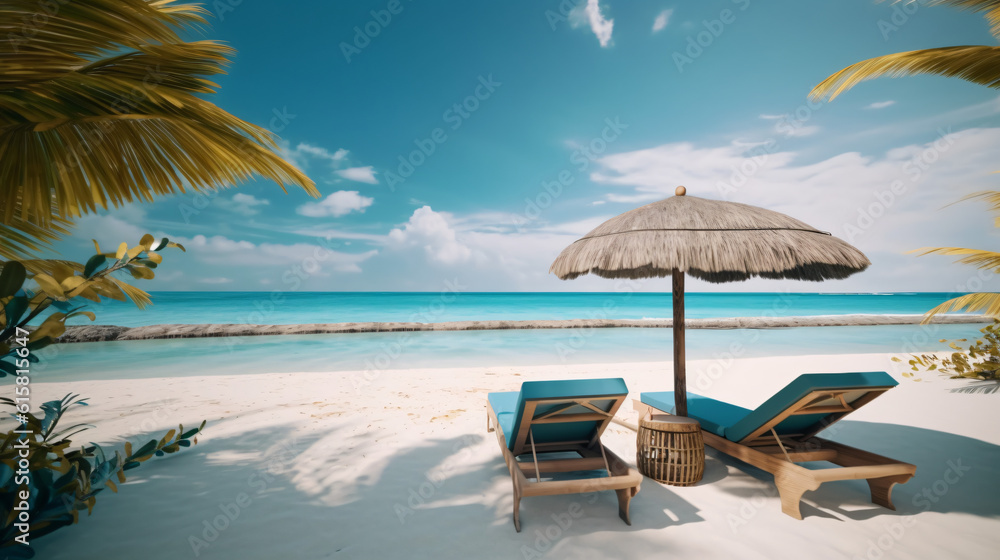 Beautiful tropical beach with white sand and two sun loungers on background of turquoise ocean and blue sky with clouds. Frame of palm leaves and flowers. Perfect landscape for relaxing vacation, --as
