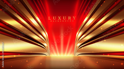 Elegant red stage with golden curves with light and bokeh effect decoration. Luxury stage design concept for product promotion or award ceremony.