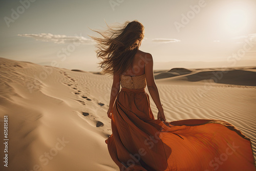 a woman in an orange dress walking through the sand dunes with her long hair blowing in the wind at sunset