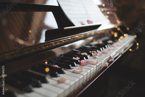 Tableau sur toile Vintage old grand piano with rose flower petals on keys with glowing lights closeup