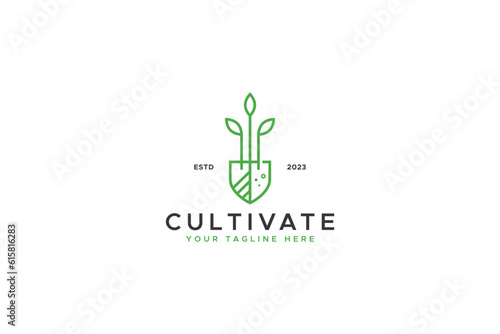 Cultivate and Natural Green Garden with Growing Seed Plant and Shovel Illustration Logo