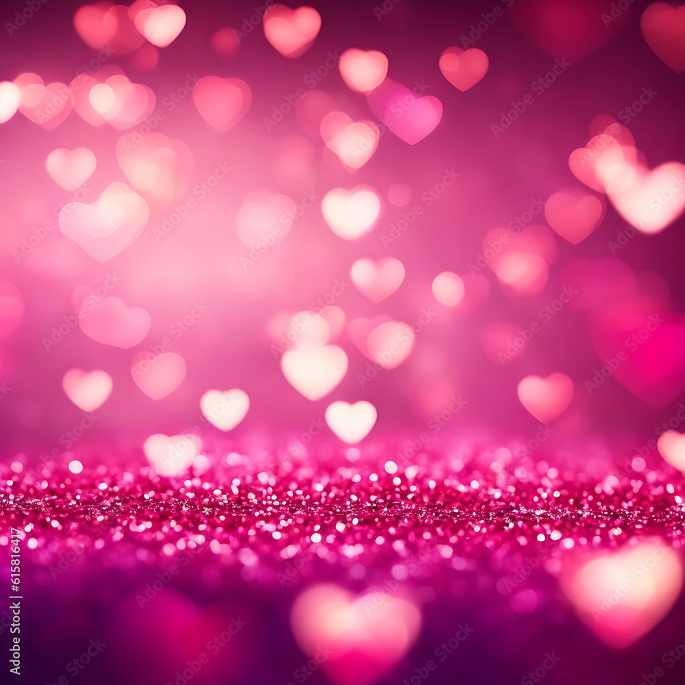 Abstract flying hearts, romantic pink symbols scattered to show love. Blurred background. Generated AI.