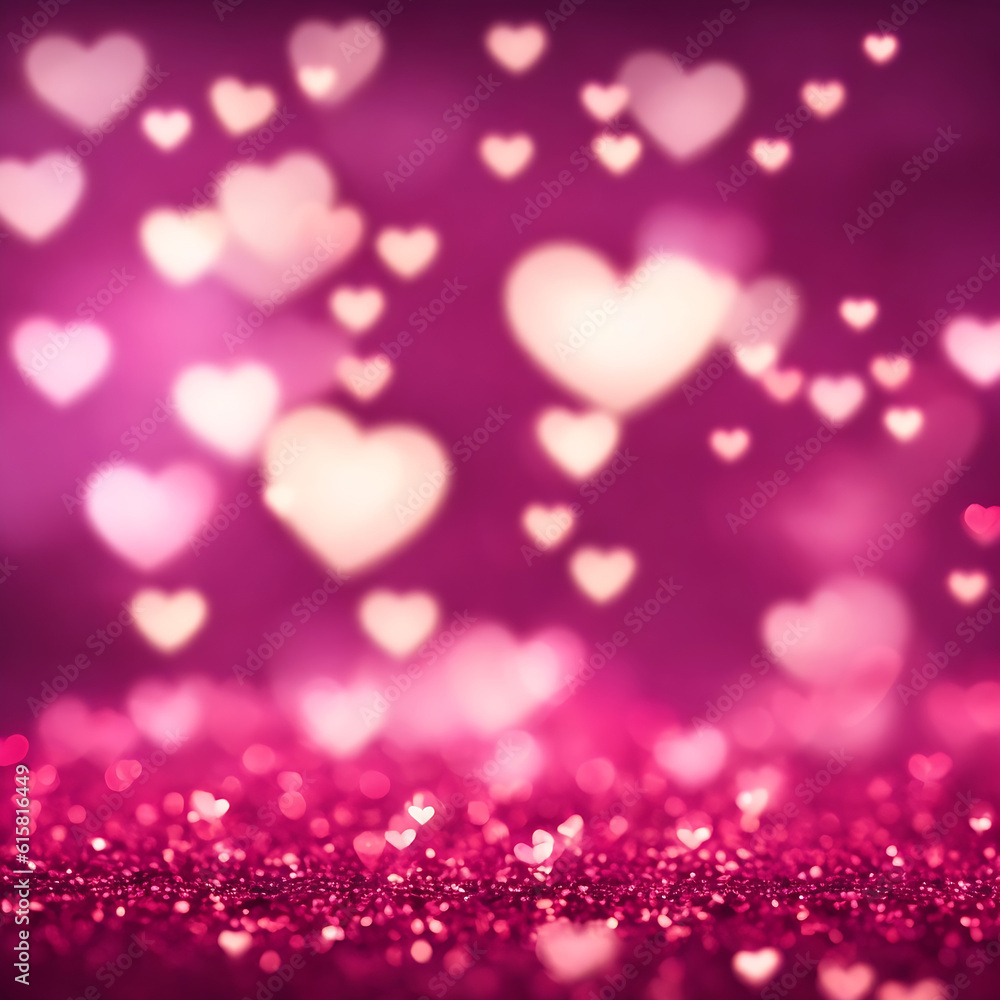 Abstract flying hearts, romantic pink symbols scattered to show love. Blurred background. Generated AI.