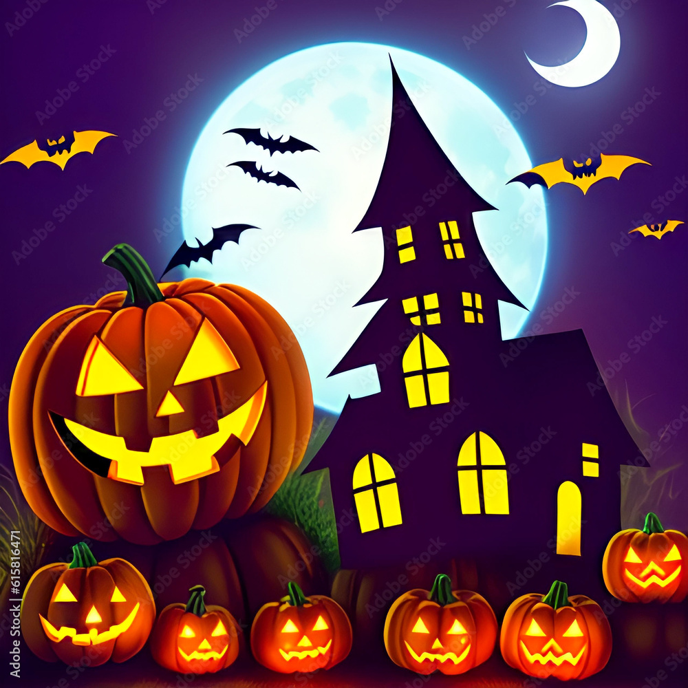 Halloween pumpkins and bat in the dark forest at night. Halloween scene. Cartoons Halloween pumpkins and bat in the dark forest at night. Halloween scene. Cartoons