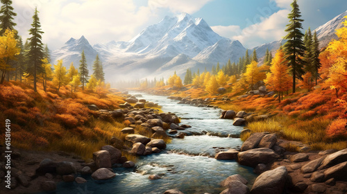 秋の山並みと川の風景　Generative AI © Hanasaki