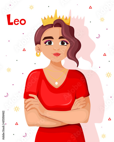 Concept of zodiac and horoscope signs. Zodiac sign Leo. Confident girl with crown isolated on white background. Fire element. Astrology