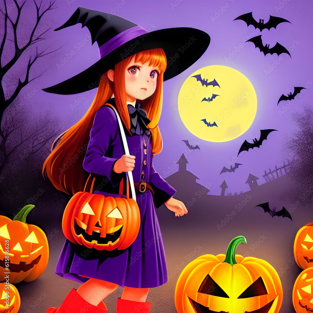 Halloween. Girl with pumpkin at night against the background of the moon. Halloween scene Halloween. Girl with pumpkin at night against the background of the moon. Halloween scene