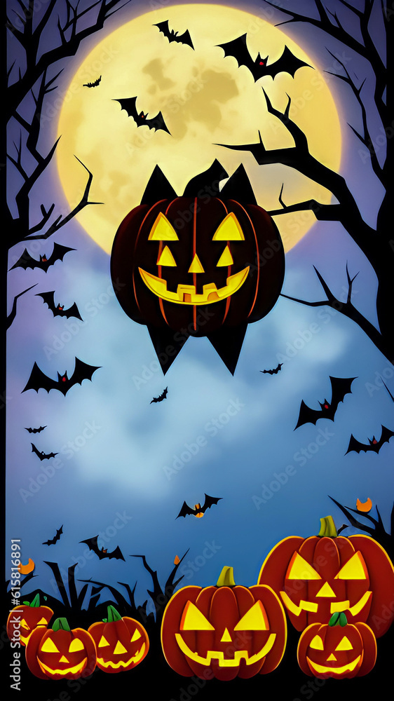 Halloween pumpkins in the dark forest at night. Halloween scene. Cartoons 