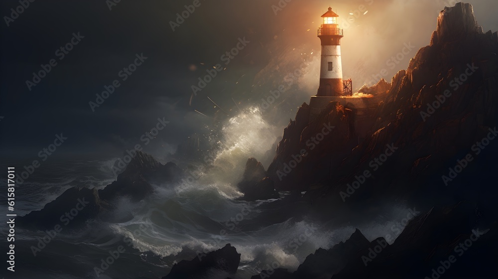 Guiding Light: Solitary Lighthouse on Rocky Cliff, Illuminating the Dark Ocean - Generative AI