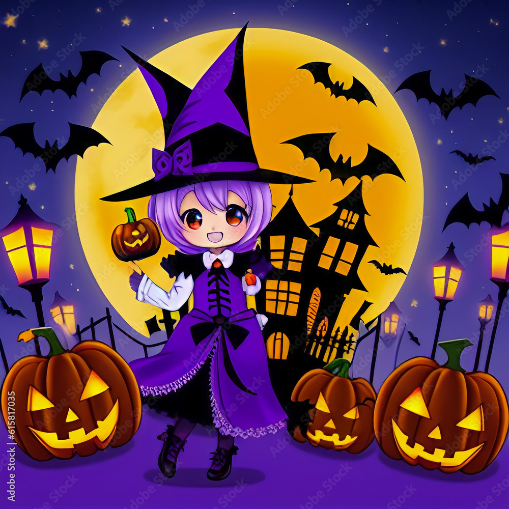 Halloween.  Girl with pumpkin at night against the background of the moon