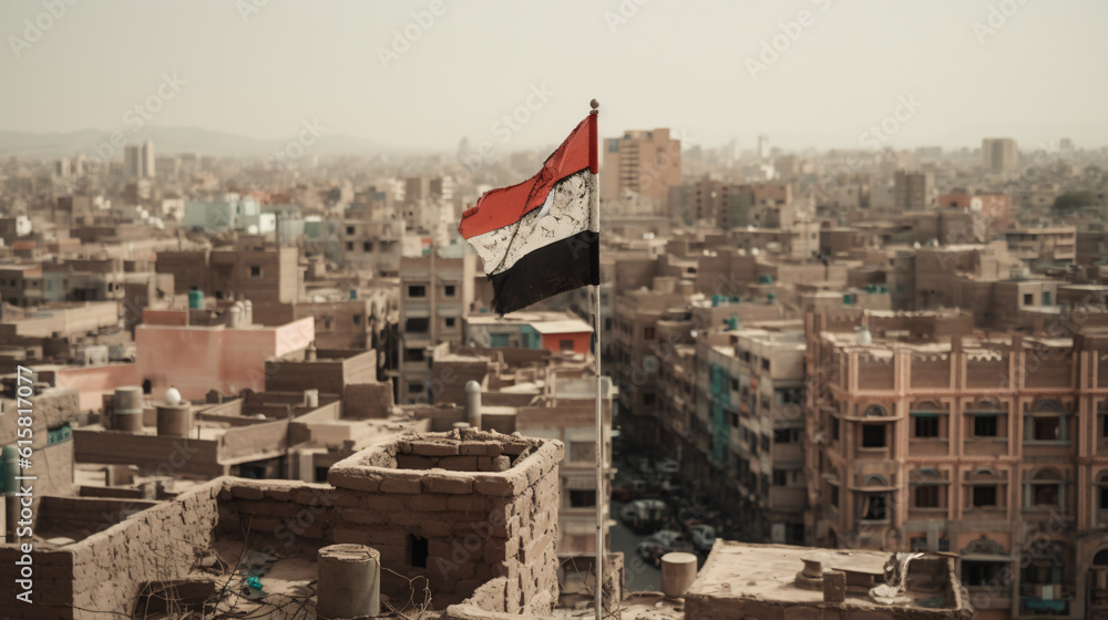 Yemeni flag at the top of a building overlooking the city, made with generative AI