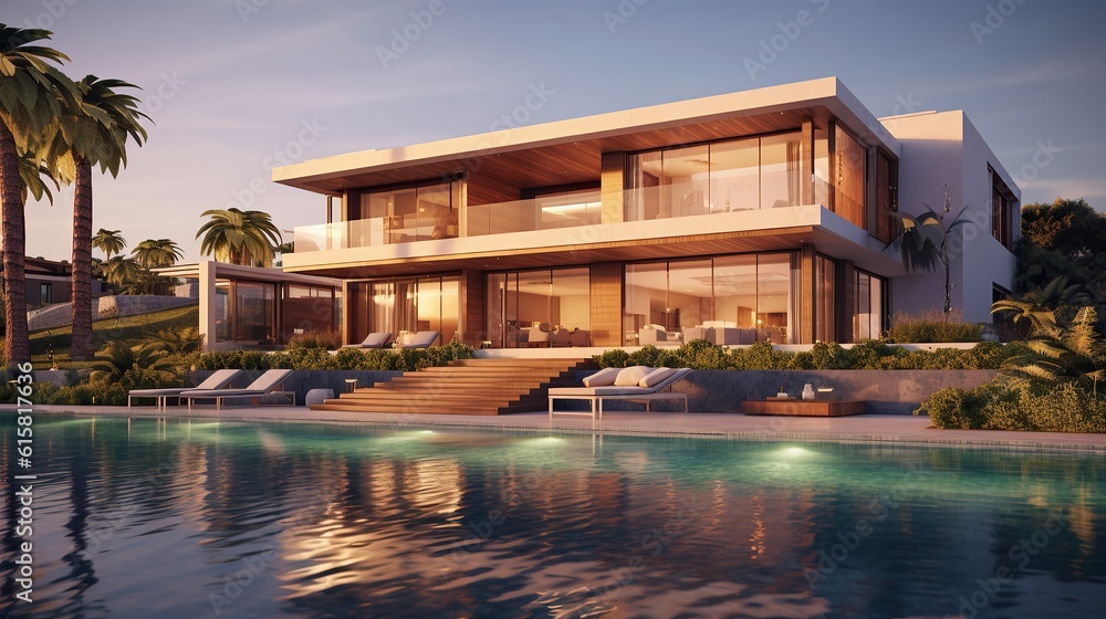 modern luxury villa, real estate property, house with  pool, generated AI