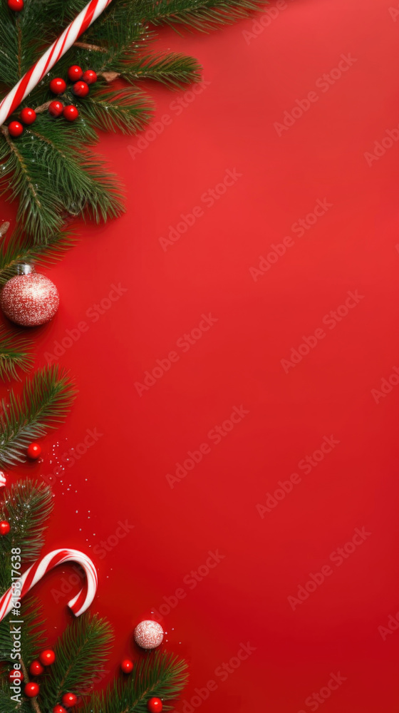 Christmas Mockup with Red Backdrop and Candy Canes, Holly Berries, Pine Tree Branches, and Ornament Balls with Copyspace