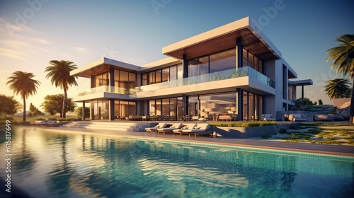 modern luxury villa, real estate property, house with  pool, generated AI © YamunaART