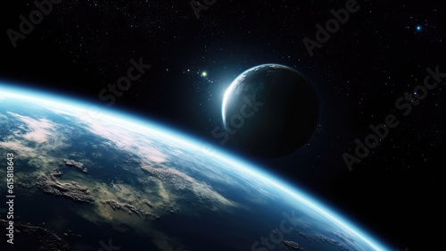 Beautiful planet surface shot with a half-lit planet in the background. Universe science astronomy space dark background wallpaper © NK Project