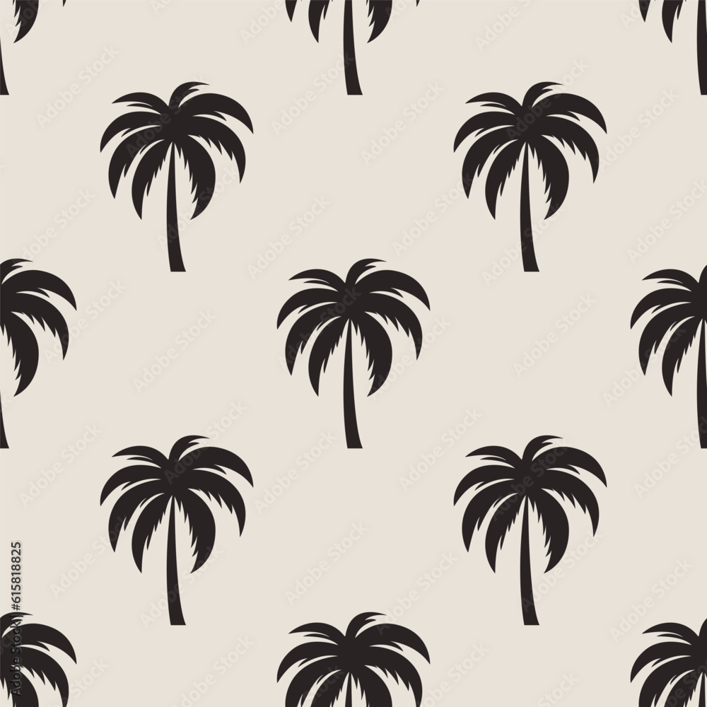 Vector Seamless Pattern with Palm Trees, Palm Tree Design Template, Print. Palm Silhouettes. Tropical, Vacation, Beach, Summer Concept. Vector Illustration. Front View