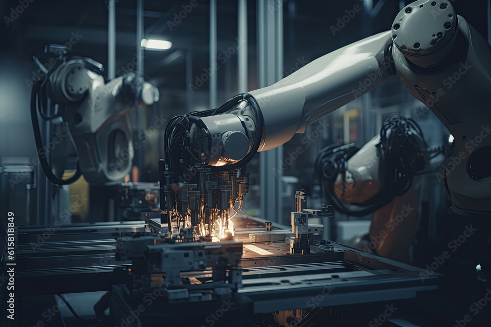 a robot working on a piece of metal in an industrial factory, with the robotic arm extended to it's head