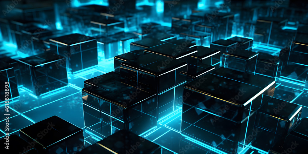 Obraz premium Futuristic cyberspace background, 3d style of data processing. Futuristic technology. Colorful cubes.