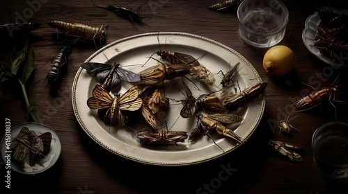 Primo piatto, Grilli, Insetti cucinati, Farfalle, Cavallette, Fritti, Cibo, Antipasto. Falene fresche, grilli giganti, farfalle con bozzoli e cavalletta su piatto di ferro. Generative AI photo