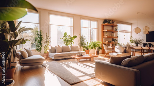 Modern living room with the sun shines through the window. Generative AI photo