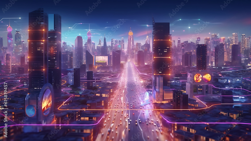 Futuristic city at night with neon lights, 3d rendering AI Generative