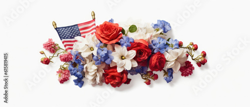 4th of July American Independence Day. Happy Independence Day. Red, blue and white star confetti, paper decorations on white background. Flat lay,