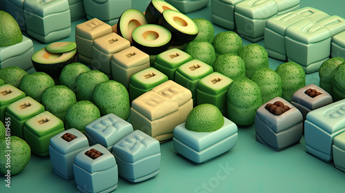 many different types of fruit in the shape of cubes and boxes, with one cut open to reveal an avocal photo