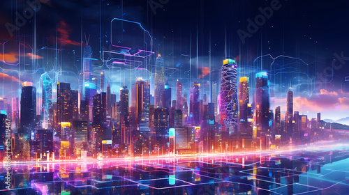 Futuristic city at night with neon lights, 3d rendering AI Generative © Thararat