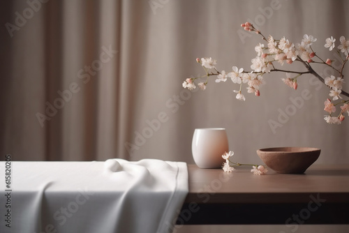 Blank cream fabric tablecloth on table counter podium, cherry blossom branch in white rock vase, brown pebble, light, treatment product background with Generative AI technology
