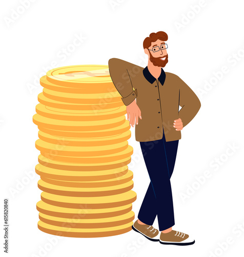 Confident Rich Man Standing relying on Huge pile of gold coins.Financial Prosperity Concept,Pension Deductions,Money Savings,Wealthy Stable Life.Flat Vector Illustration isolated on white background