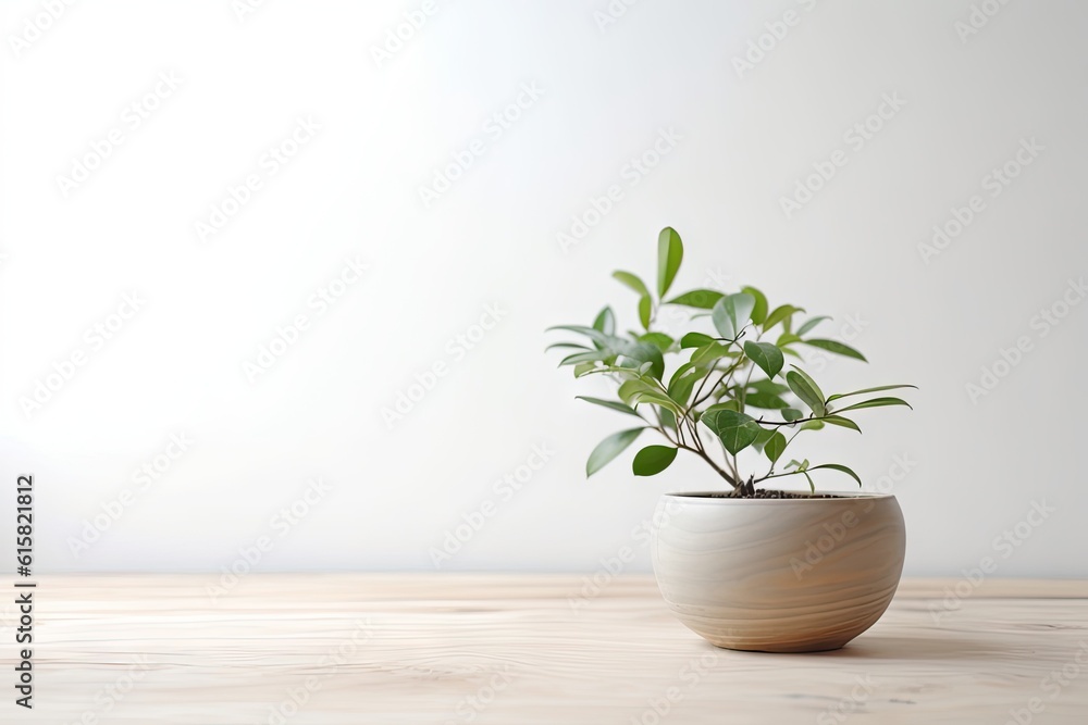 Fototapeta premium Modern Interior Design Concept with White Wall Background. Tabletop for your product with Tree Pot and Beautiful Plants as Decoration in Room