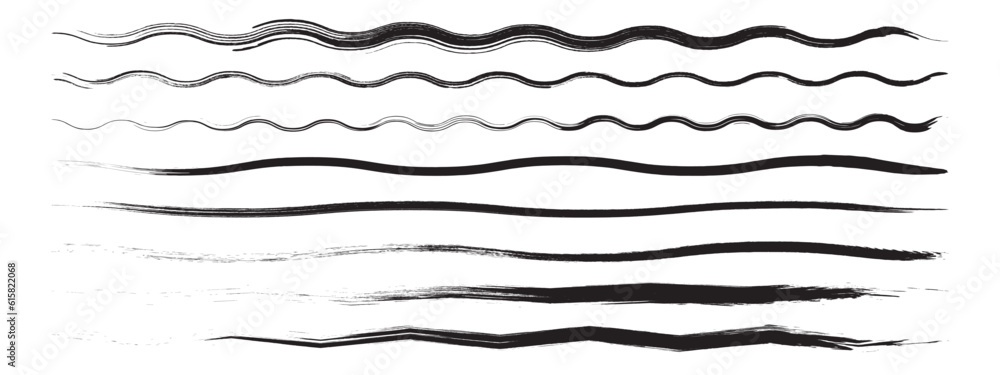 Set of wavy horizontal lines. Set of marker hand drawn line borders and doodle design elements. Hand drawn paint brush strokes lines. Vector isolated on white. Set of wavy horizontal lines. Set of marker hand drawn line borders and doodle design elements. Hand drawn paint brush strokes lines. Vector isolated on white.