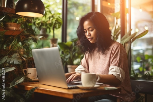 Ethnic woman working on a laptop at a cozy coffee shop, ethnic woman working, business, natural light, affinity, bright background Generative AI