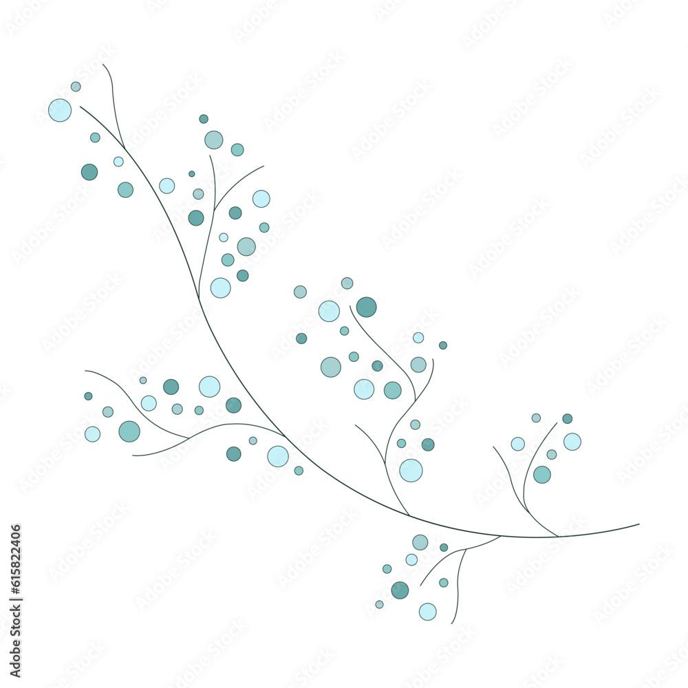 A branch with green circles of various shapes on a white background. Vector hand drawn elements. Botanical illustrations. Drawn elements. A branch with green circles of various shapes on a white background. Vector hand drawn elements. Botanical illustrations. Drawn elements.