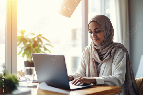 Ethnic woman working from the comfort of her home office, ethnic woman working, business, natural light, affinity, bright background Generative AI