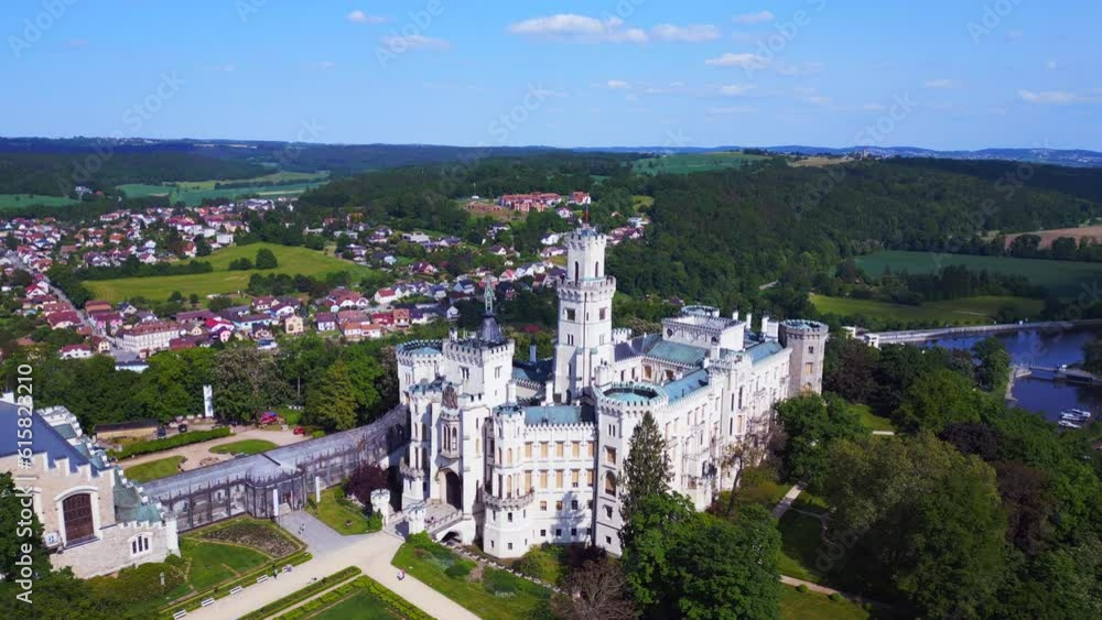 white Fairy tale Castle in Czech Republic. Perfect aerial top view flight drone white Fairy tale Castle in Czech Republic. Perfect aerial top view flight drone