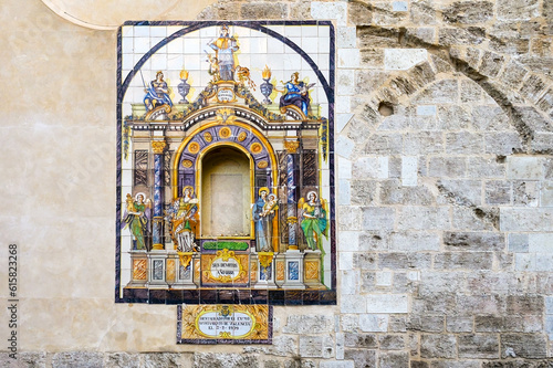 Medieval tile decoration in building walls, Valencia, Spain