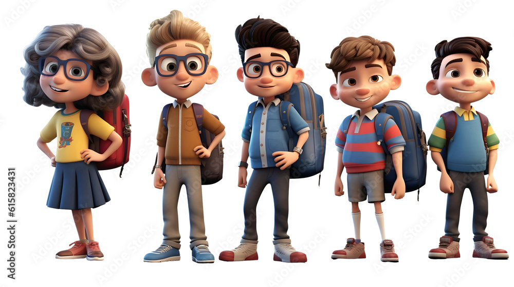 AIGenerated 3D Cartoon Character Group Cute Students, Transparent