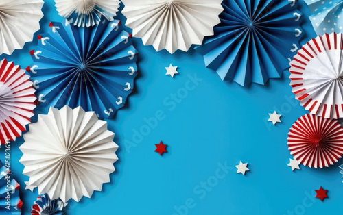 4th of July American Independence Day. Happy Independence Day. Red  blue and white star confetti  paper decorations on white background. Flat lay  