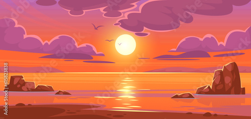 Background of a beautiful sunset on the ocean beach. Landscape view of a sunrise on the tropical seashore. Sun setting on the horizon with pink clouds in the sky. Cartoon vector illustration. © Microstocker.Pro