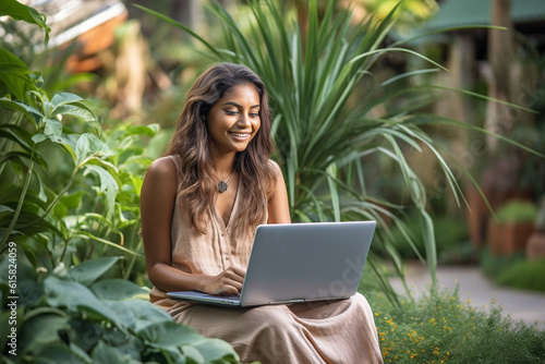 Ethnic woman sitting in a sunny garden, working on her laptop with a smile, ethnic woman working, business, natural light, affinity, bright background Generative AI
