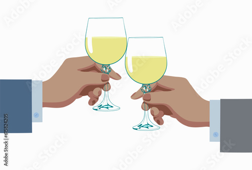 A couple of men raise a Toast. The hands of two men with glasses of white wine.  Hands of men clink glasses with white wine. Vintage stylized drawing. Vector illustration