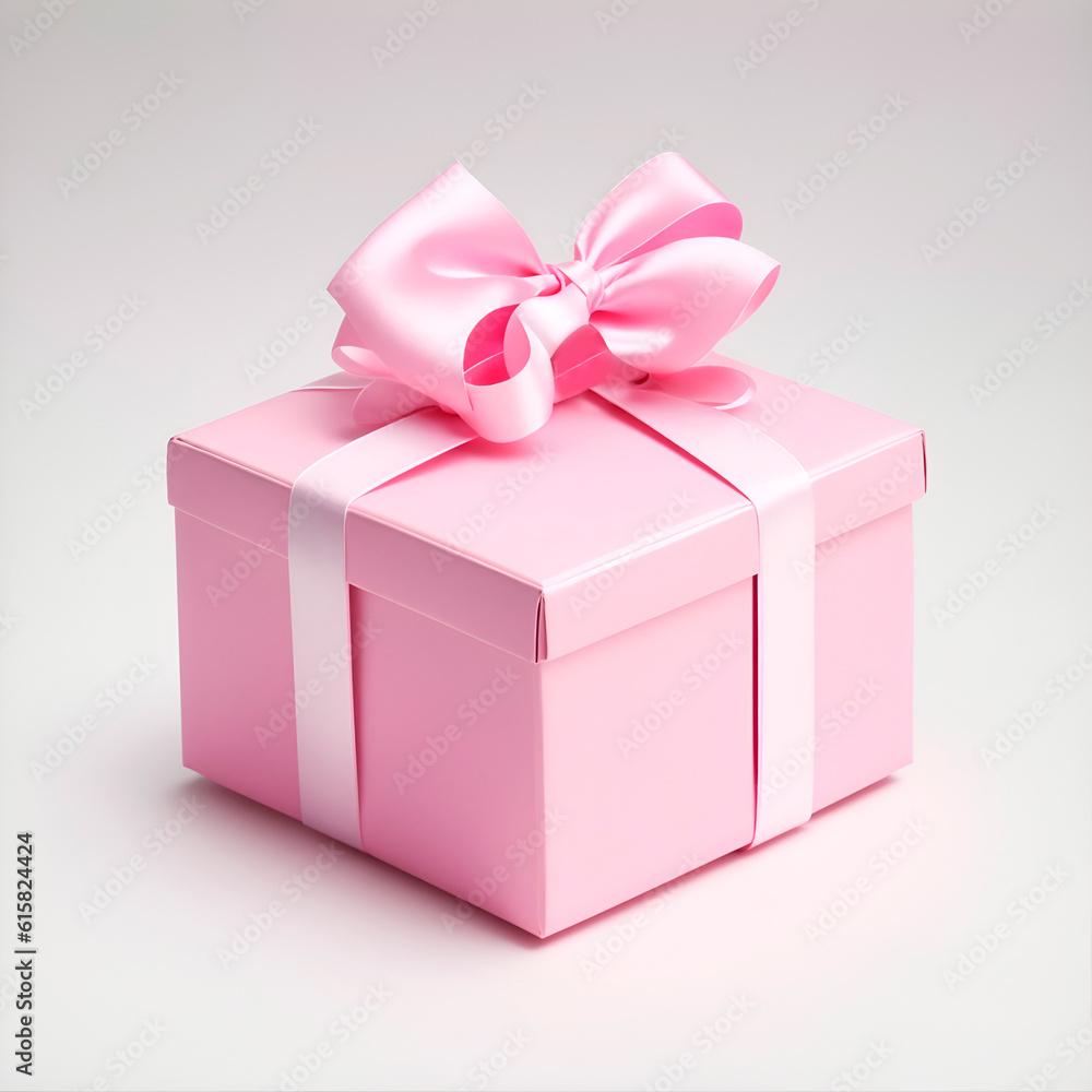Obraz premium Una caja de regalo rosa con un lazo sobre un fondo gris claro. Vista superior y de cerca. Copy space. IA Generativa