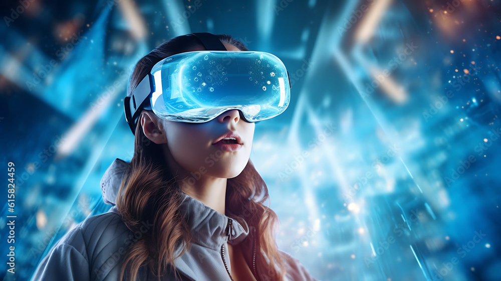 A young woman in a virtual reality AI Generative A young woman in a virtual reality AI Generative