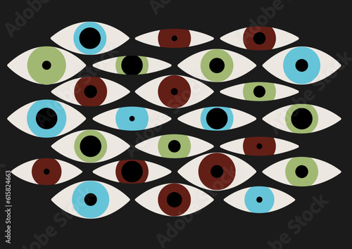 Eye pattern and background. Vector eyes of different ethnicity and colors