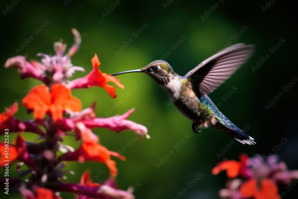 Fototapeta premium hummingbird flying and feeding on flower nectar with blurry background. 3:2 aspect ratio. Generative AI