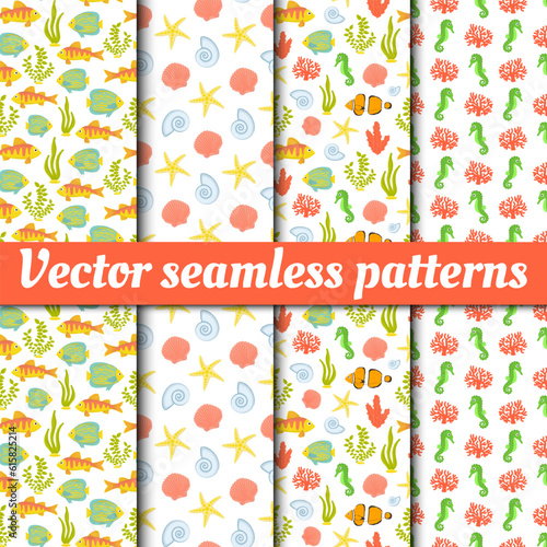 A collection of vector seamless patterns. Underwater world in cartoon style. Summer, sea, fish, shells, algae.